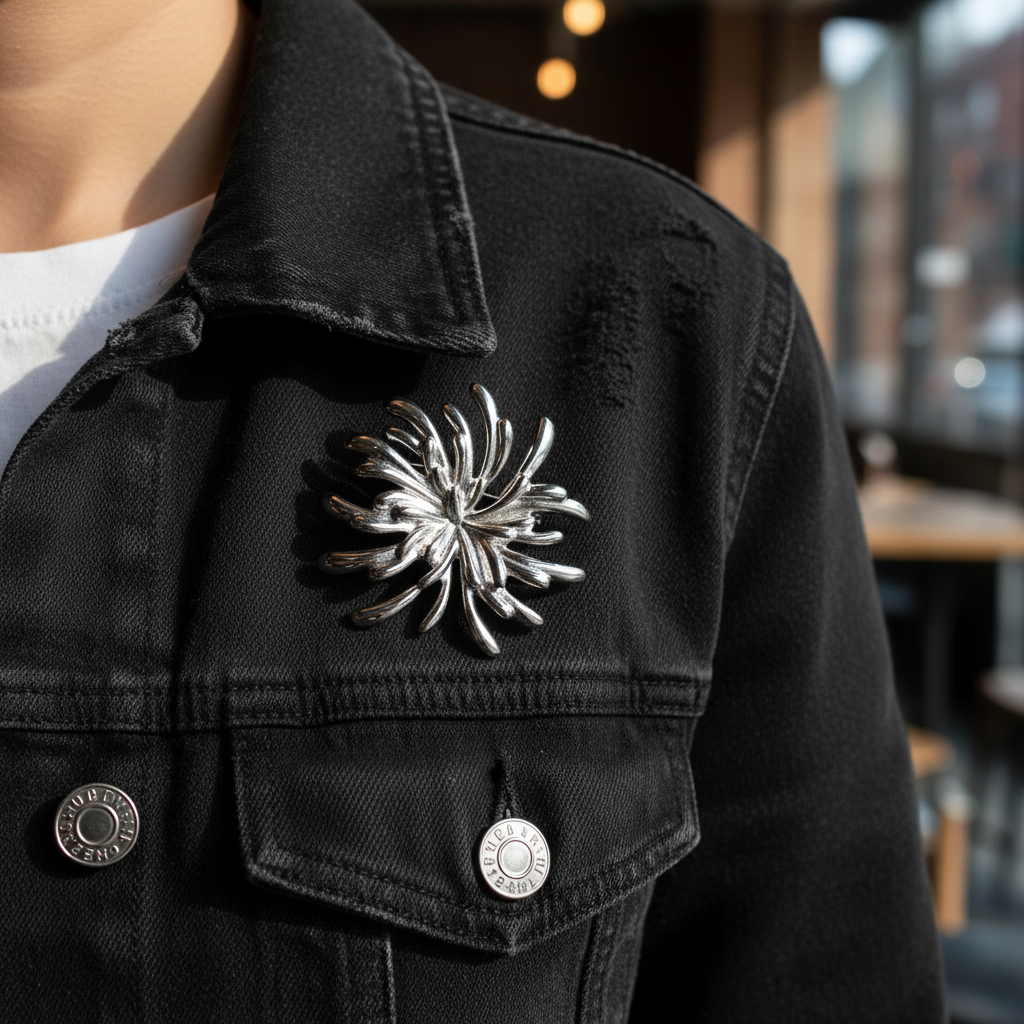 A close-up of a person wearing a black denim jacket with a large, textured silver firework brooch pinned to the chest pocket.