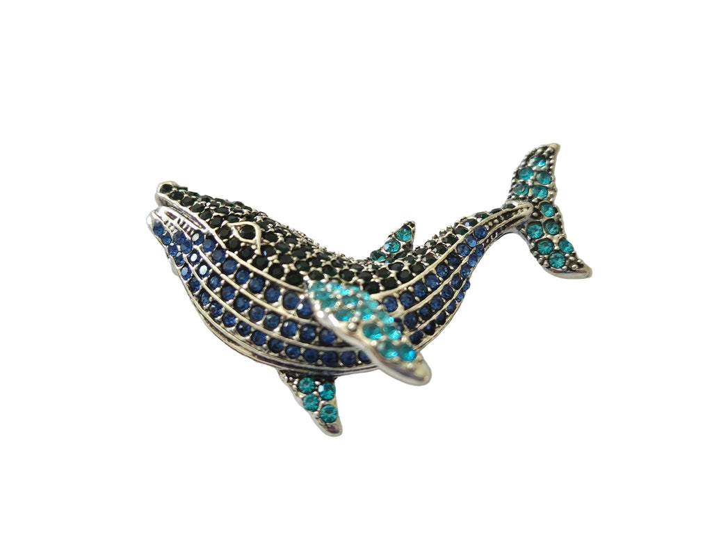 Blue and silver rhinestone whale brooch