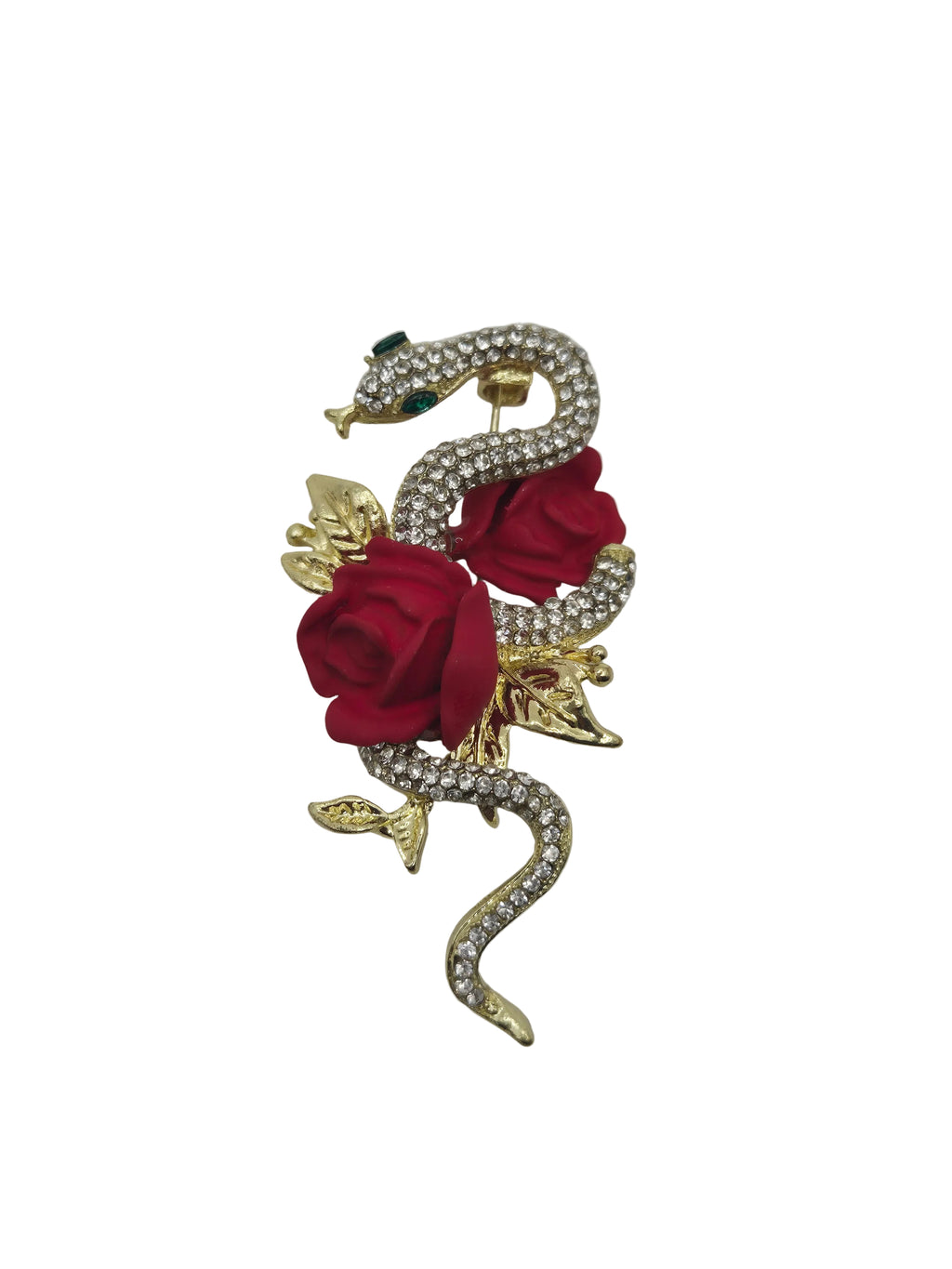 A decorative brooch featuring two red rose petals, gold-toned leaves, and a snake body paved with clear rhinestones, shown on a plain white background.