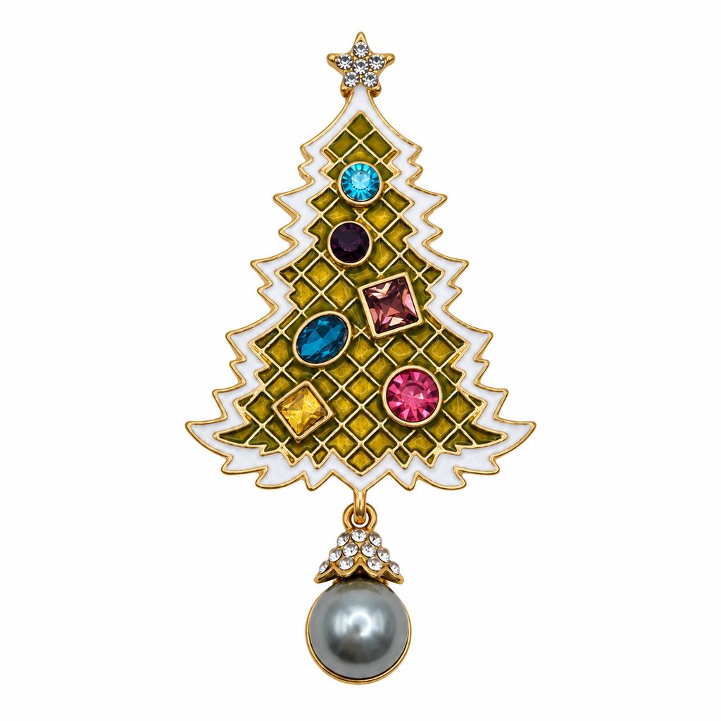 A gold Christmas tree pendant brooch featuring a green and white patterned body, colorful gemstone ornaments, a star on top, and a dangling gray pearl at the bottom.