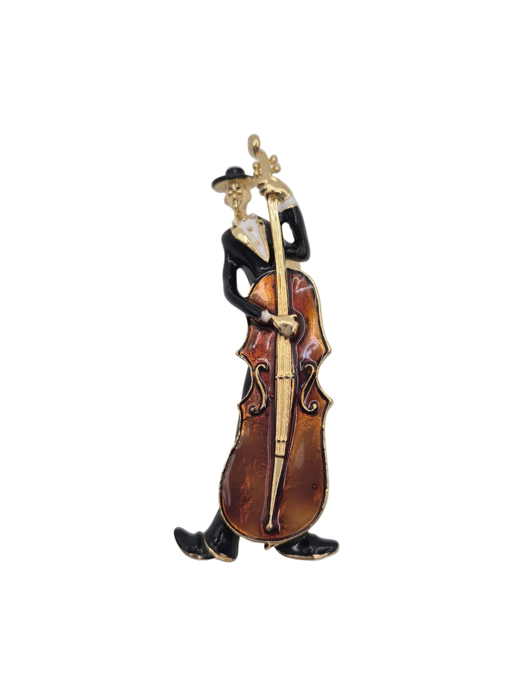 Violin-shaped brooch with a bow on a gray background