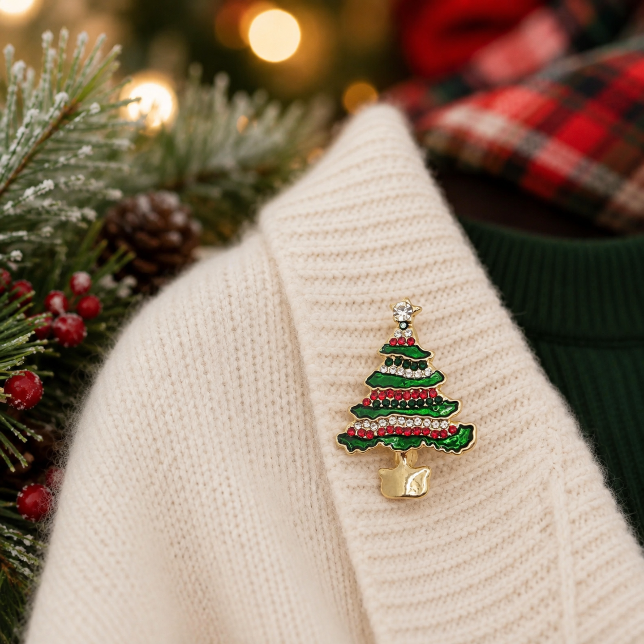 A small Christmas tree enamel pin with green, red, and gold details is pinned onto a cream-colored knit sweater. The background features festive holiday decorations, including pine branches, red berries, a pinecone, and a blurred red plaid scarf.
