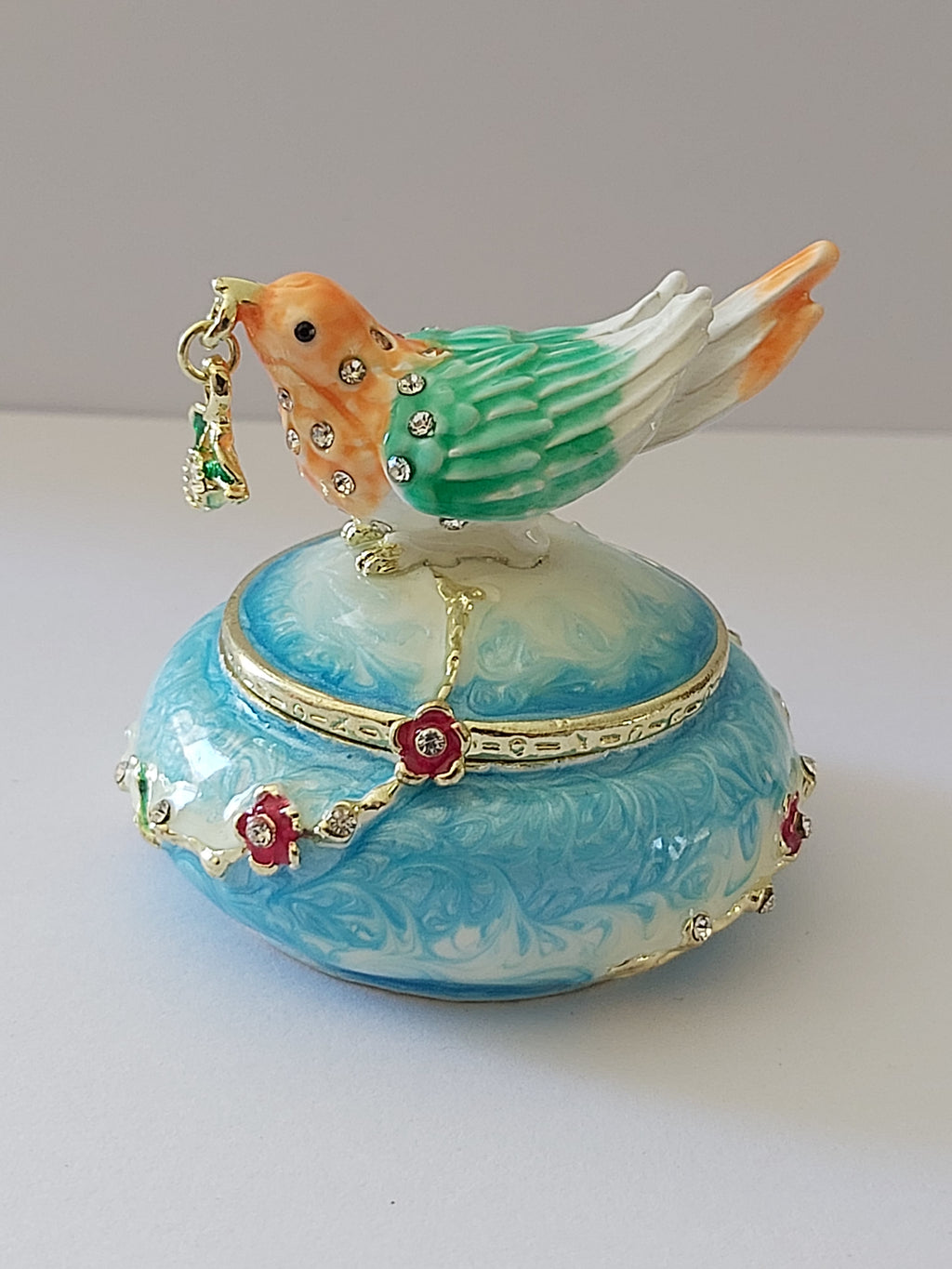 bird trinket pot with rhinestones and flowers