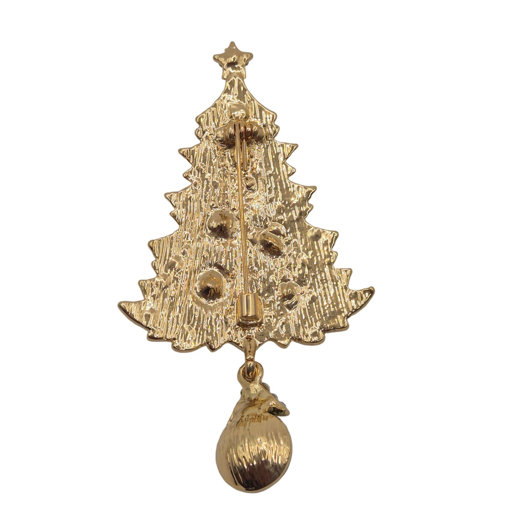 A gold Christmas tree-shaped brooch with a hanging ornament, shown against a plain white background.