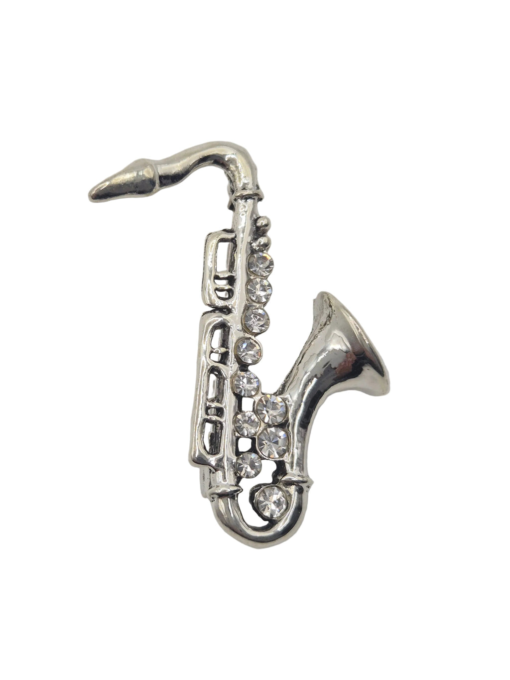 Silver Tone Metal Saxophone Brooch Rhinestone Detail Music Pin