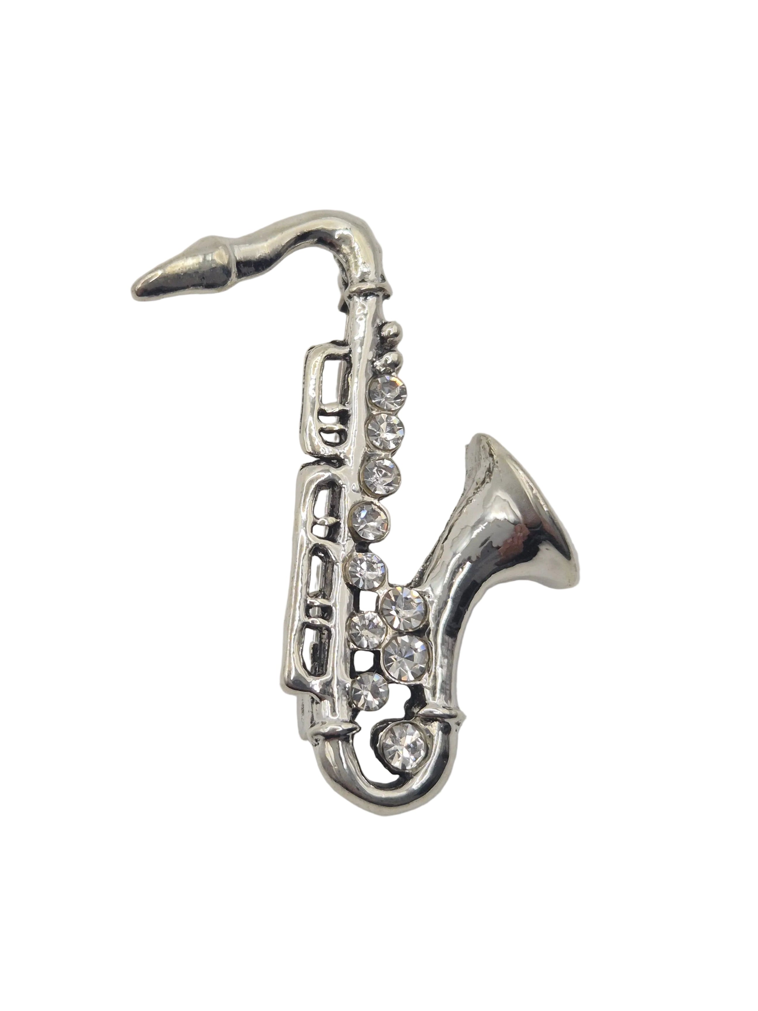 Silver Tone Metal Saxophone Brooch Rhinestone Detail Music Pin
