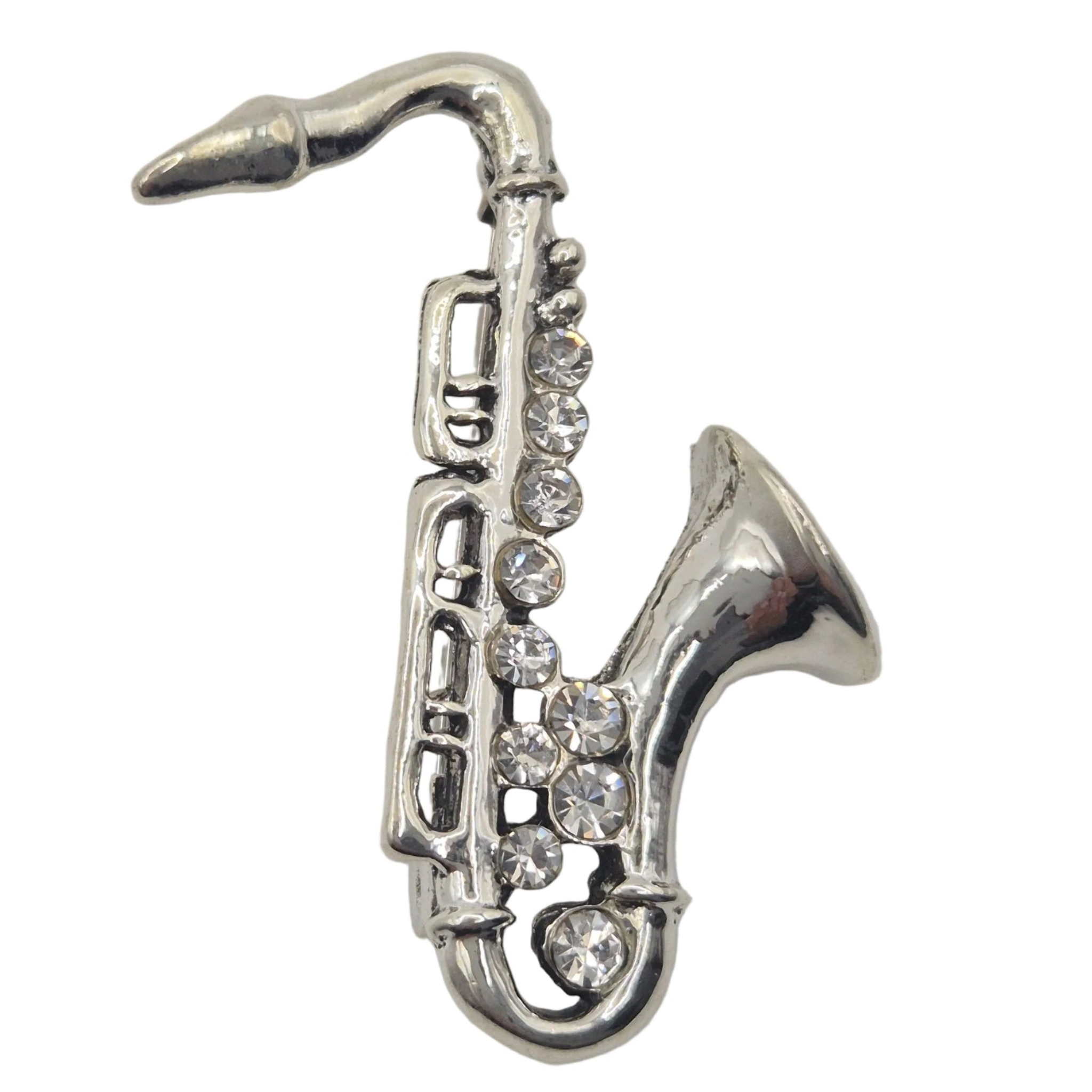Silver Tone Metal Saxophone Brooch Rhinestone Detail Music Pin