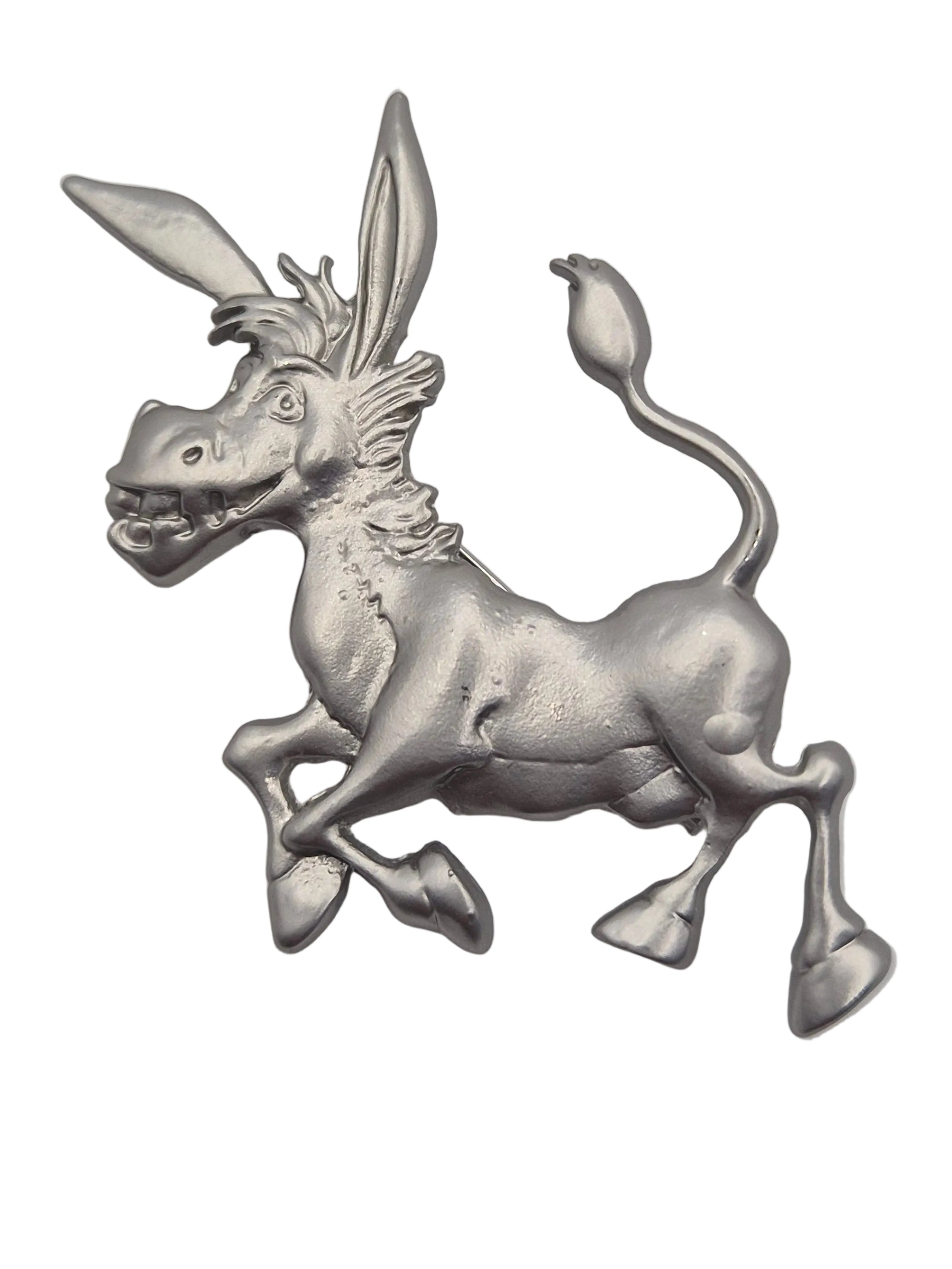 A metallic silver donkey figurine or decorative sculpture shown against a plain white background.