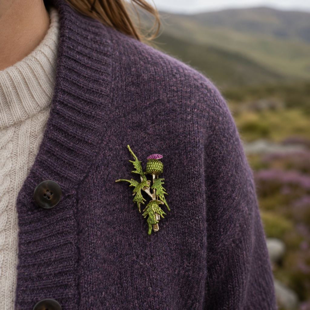 A close-up of a person wearing a dark purple knit cardigan over a cream sweater, with a green and purple thistle brooch pinned to the chest. The background shows a blurred outdoor landscape of hills and heather.
