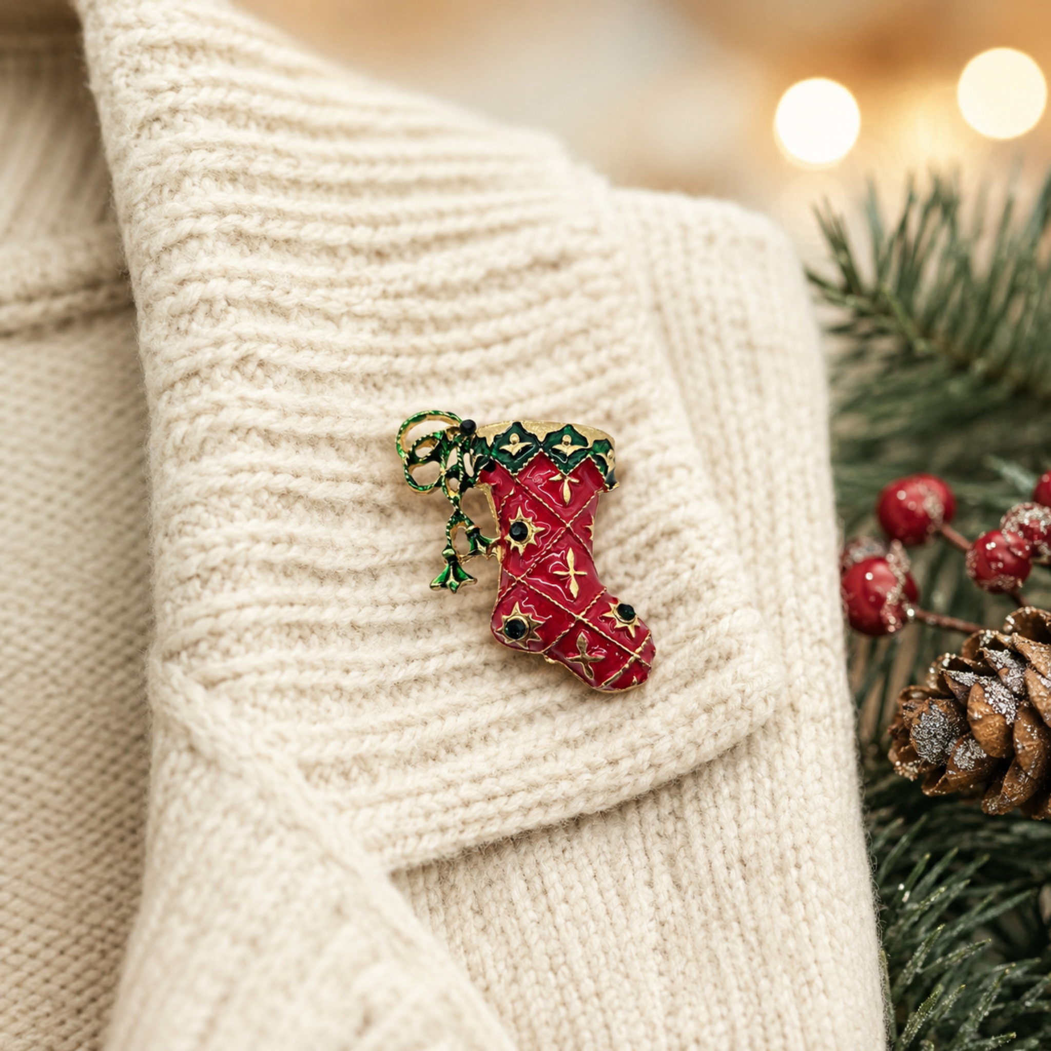 A red Christmas stocking brooch with green holly and gold star details, pinned to a cream-colored knit sweater. The background features blurred festive lights, pine branches, and red berries.