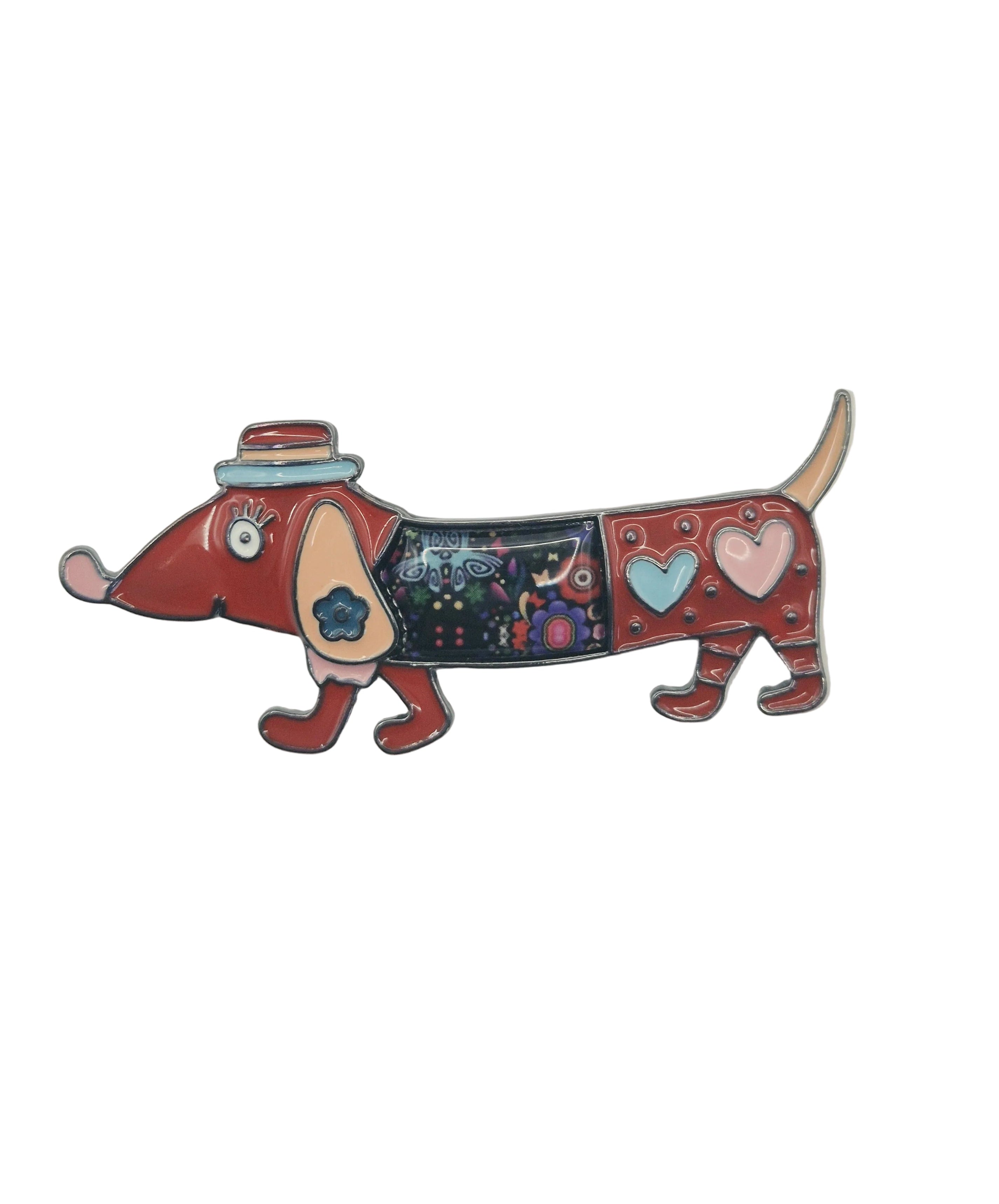 Red dachshund dog brooch with floral and heart detail on a plain white background 