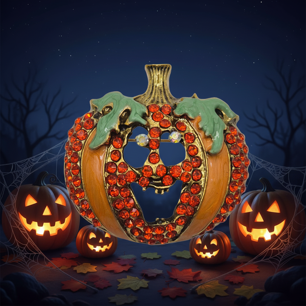 Sparkly Jack O Lantern Pumpkin Brooch