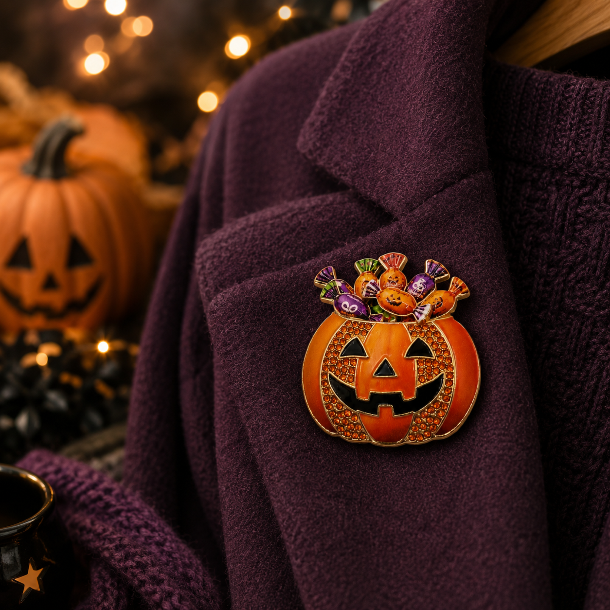 A Halloween-themed enamel pin shaped like a smiling orange jack-o'-lantern with candy on top, pinned onto a dark purple knit sweater. The background is a softly blurred autumn scene with pumpkins and warm lights.