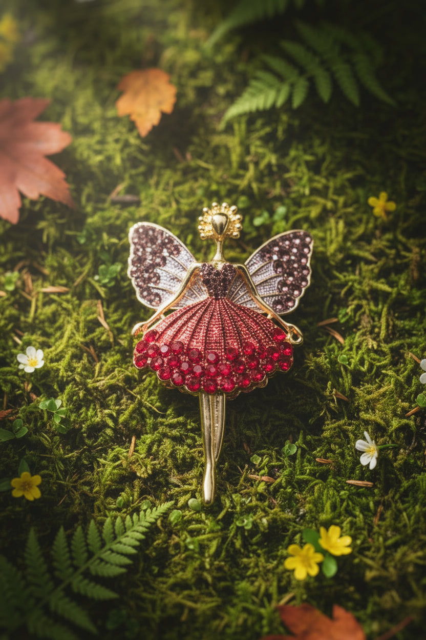 Gold  fairy brooch with red and purple gemstones on a forest background