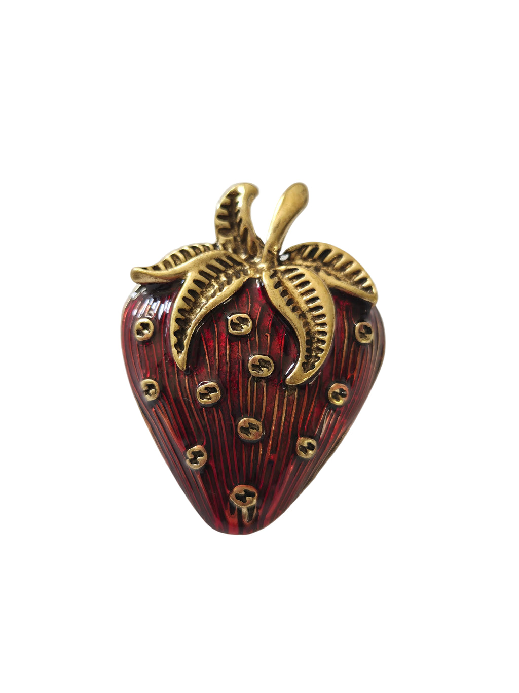 Vintage inspired strawberry brooch with gold and red detail on a white background"