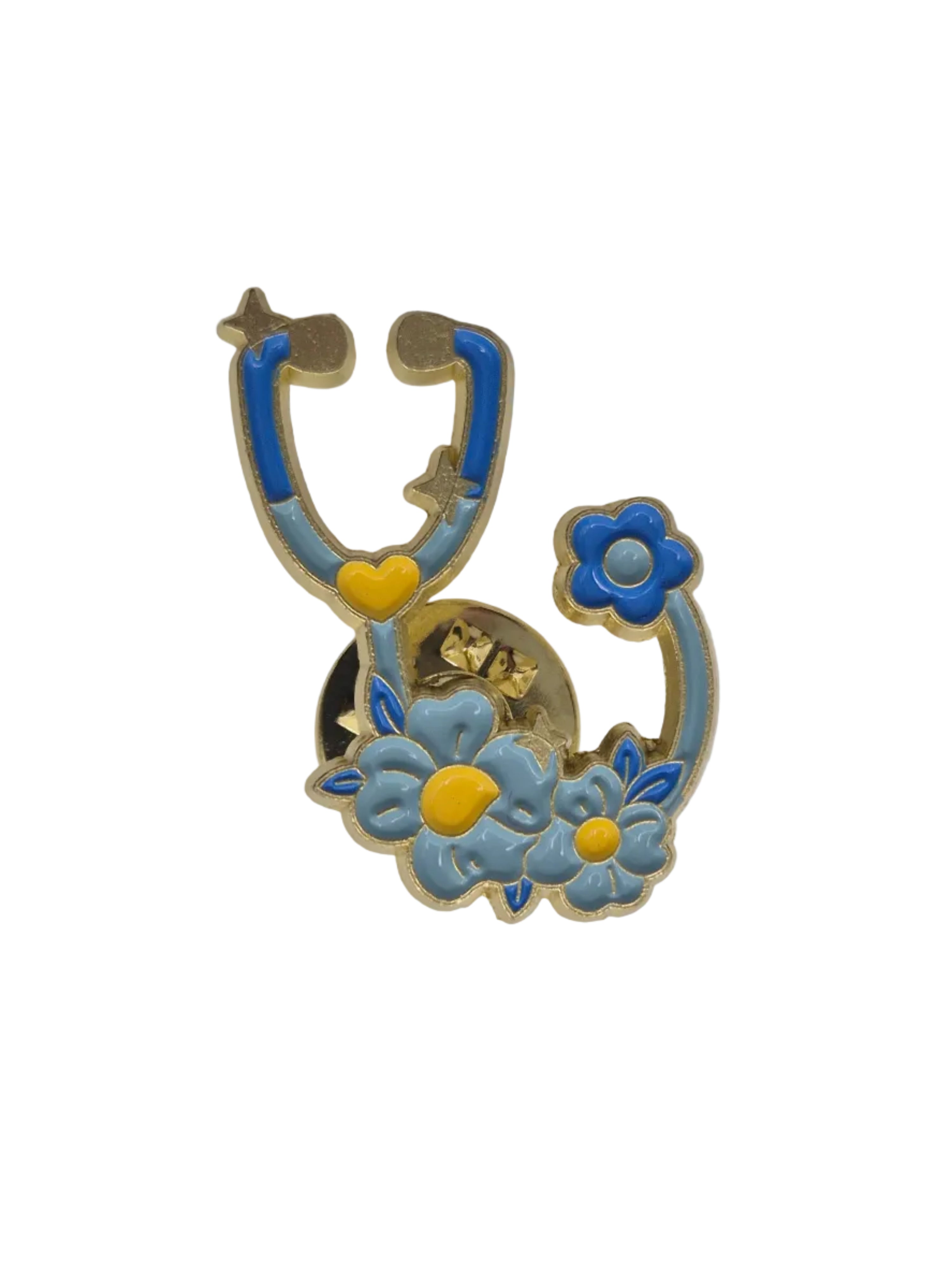 A decorative lapel pin shaped like a stethoscope with blue and light blue floral accents and yellow centers, photographed on a plain light background.
