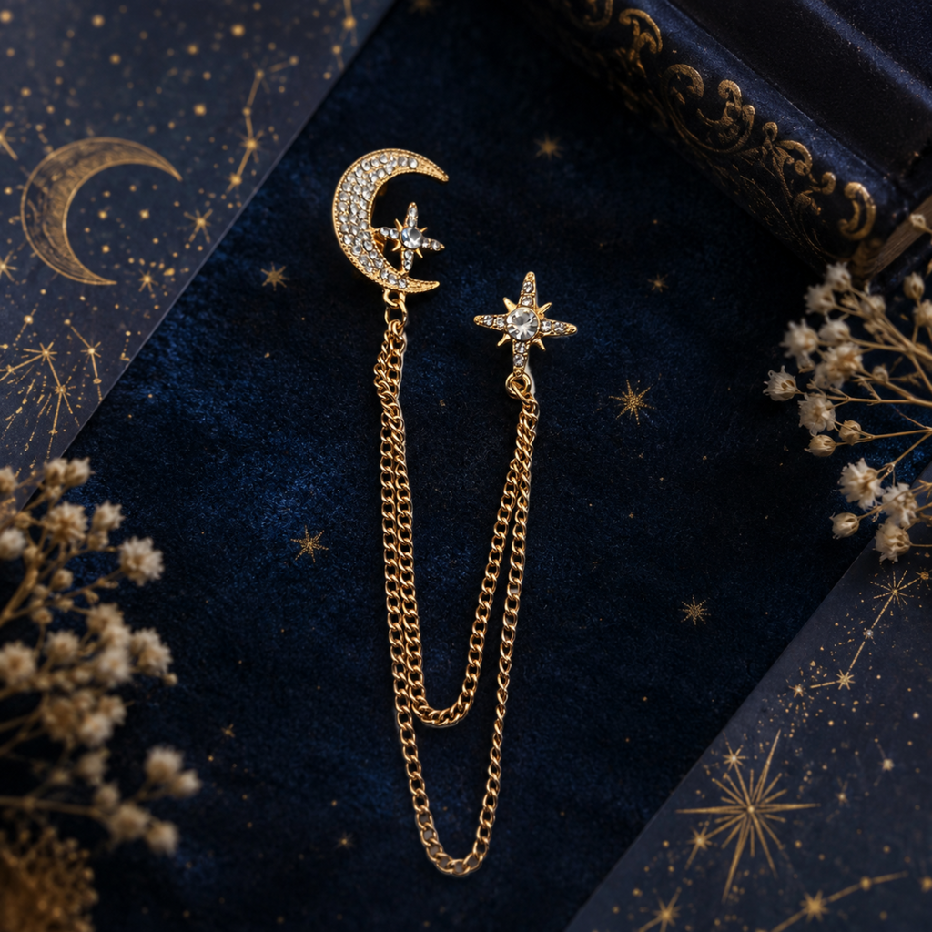 A gold-toned double-chain brooch featuring a crescent moon with a small star and a five-pointed star, displayed on a dark blue velvet background with gold star details and dried flowers.