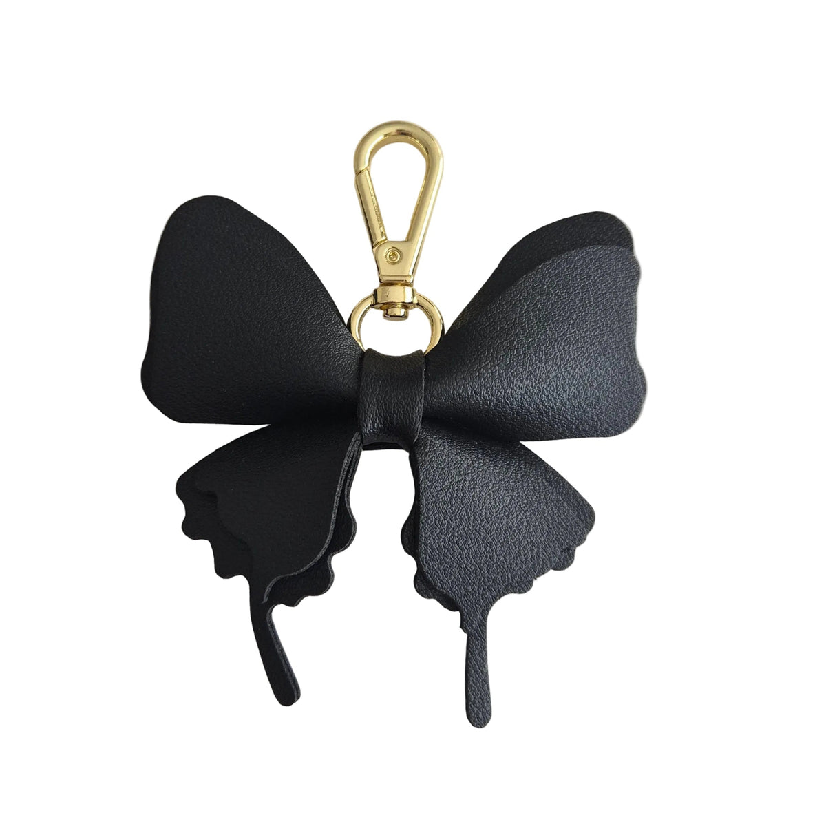 A black faux-leather butterfly-shaped keychain or bag charm with a gold-tone lobster clasp, shown on a plain white background.