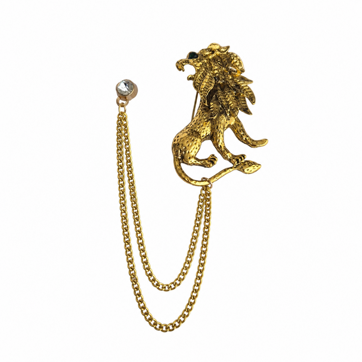 A gold-tone lion head with a double chain and a clear rhinestone pin, shown on a plain white background.