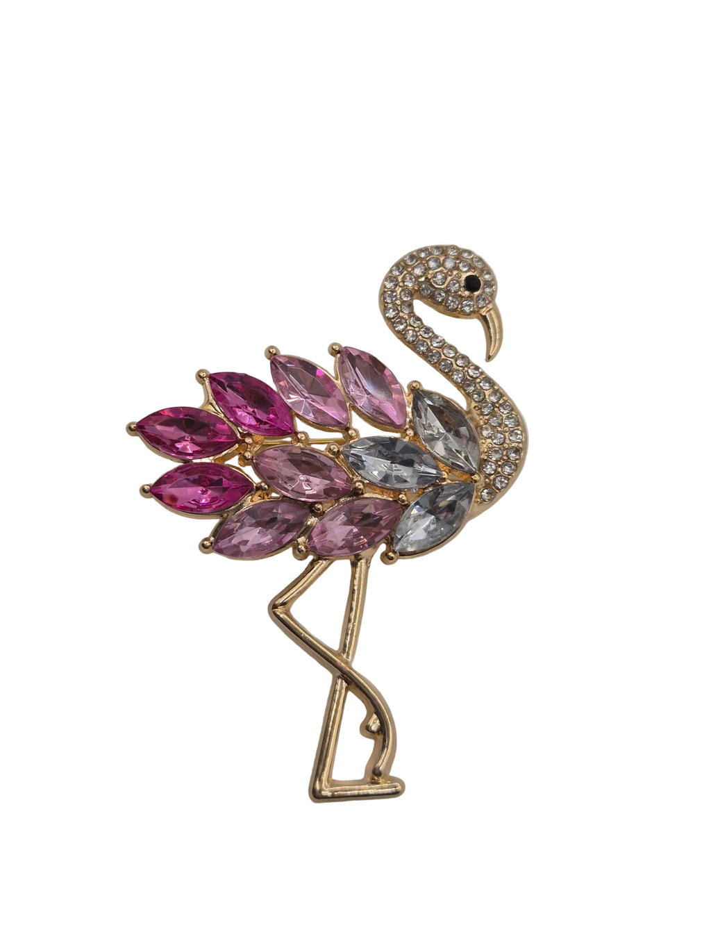 Pink Flamingo Brooch - gold tone flamingo brooch with pink and clear rhinestones on grey background