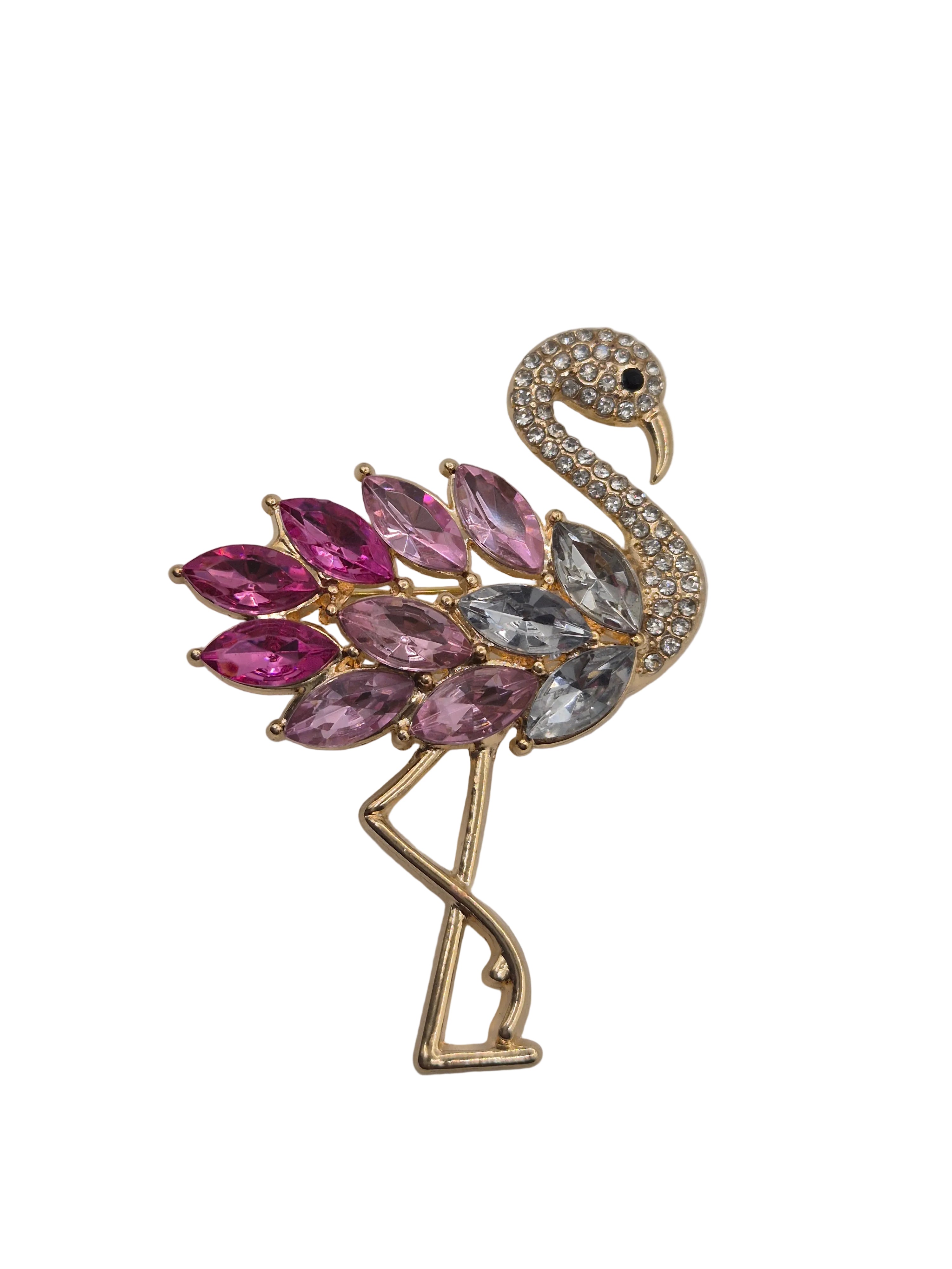 Pink Flamingo Brooch - gold tone flamingo brooch with pink and clear rhinestones on grey background