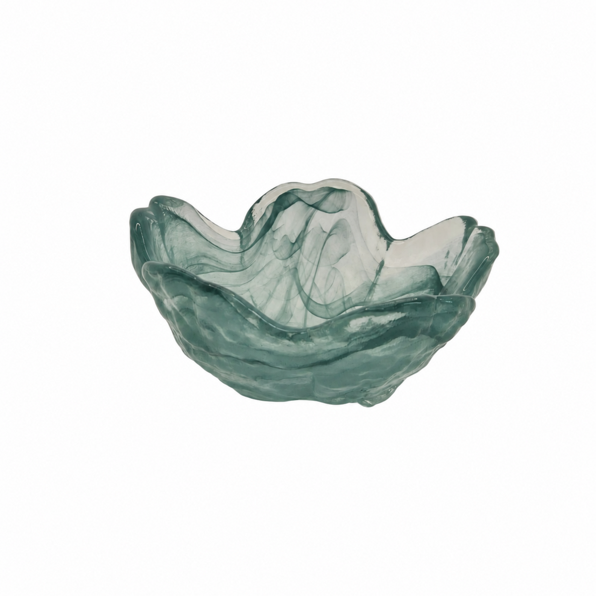 A translucent smoky green glass bowl with a wavy, organic rim, shown on a solid white background.