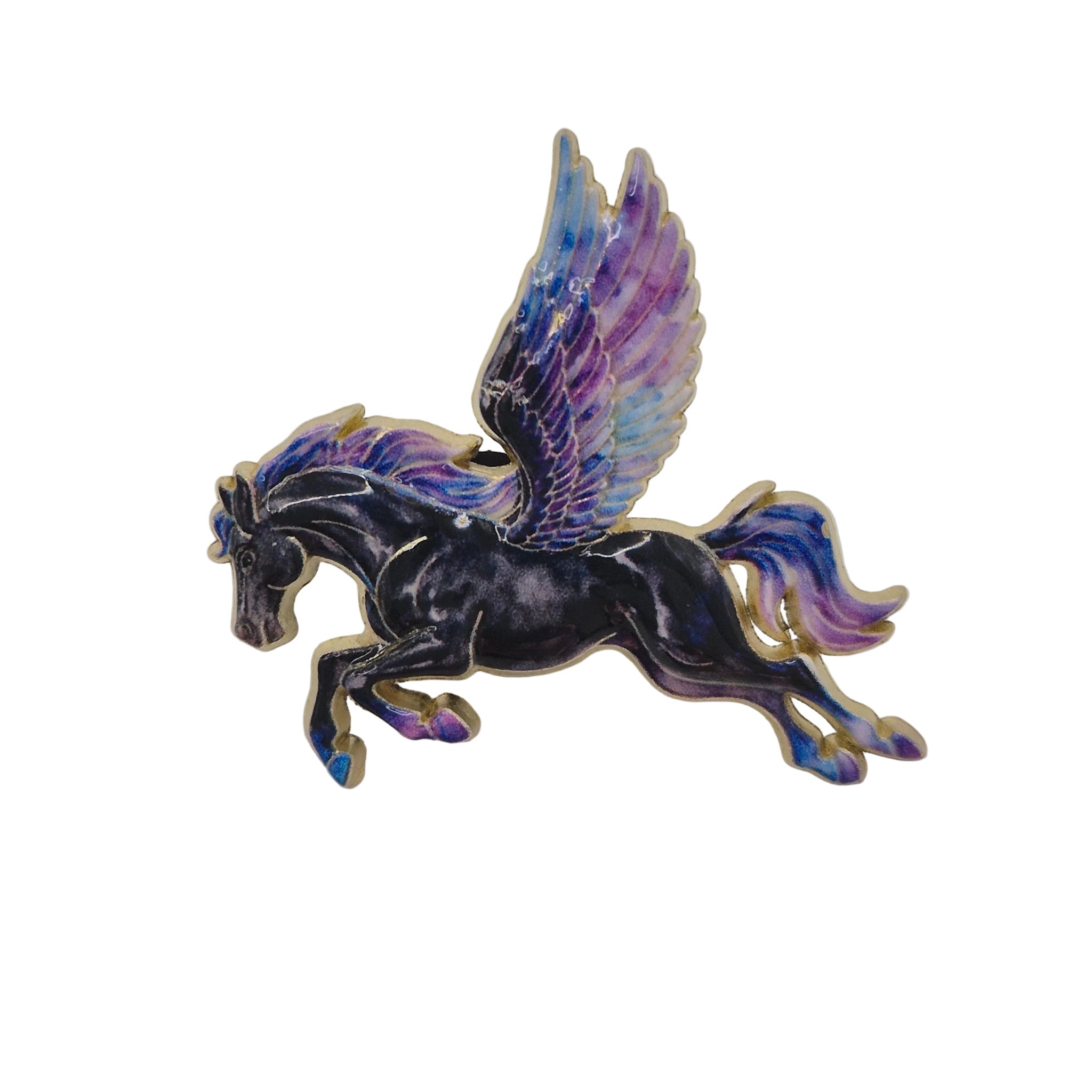 A Pegasus winged horse enamel pin with a black body and vibrant purple, blue, and gold wings, shown on a plain off-white background.