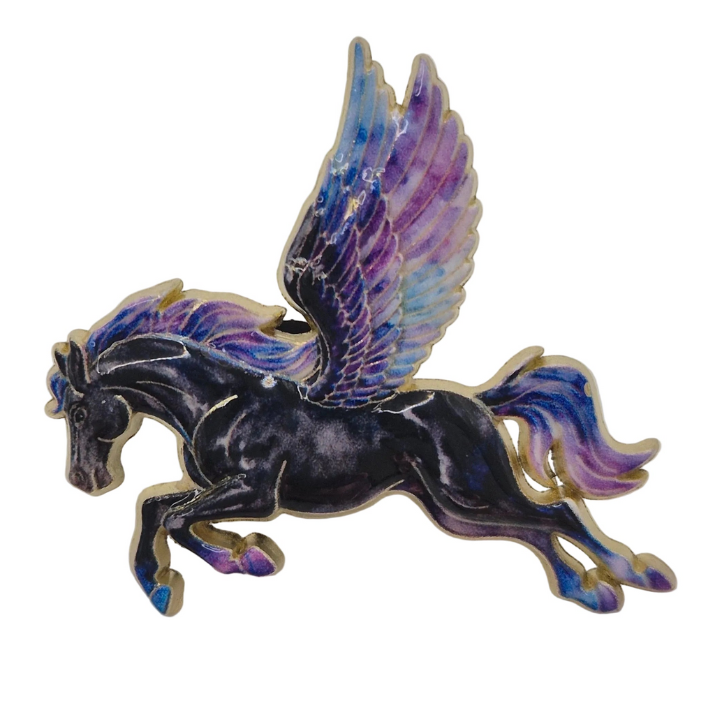 A metallic enamel pin of a running Pegasus with black body and vibrant purple, blue, and pink wings, outlined in gold-toned metal, set against a plain white background.