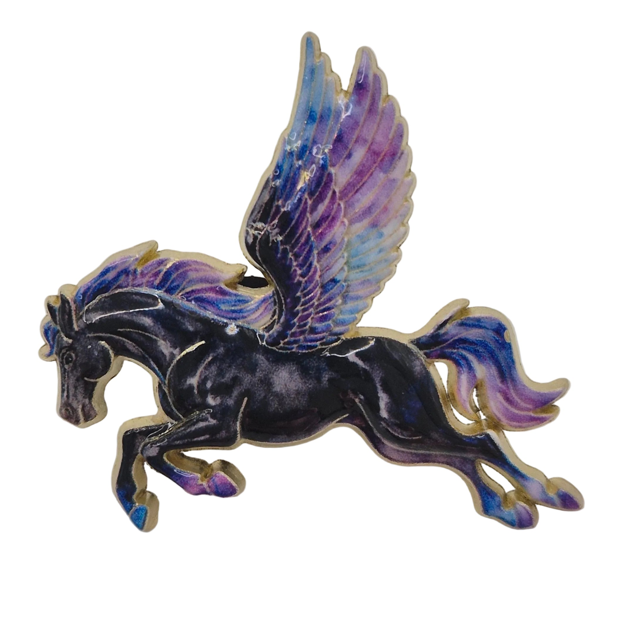 A metallic enamel pin of a running Pegasus with black body and vibrant purple, blue, and pink wings, outlined in gold-toned metal, set against a plain white background.