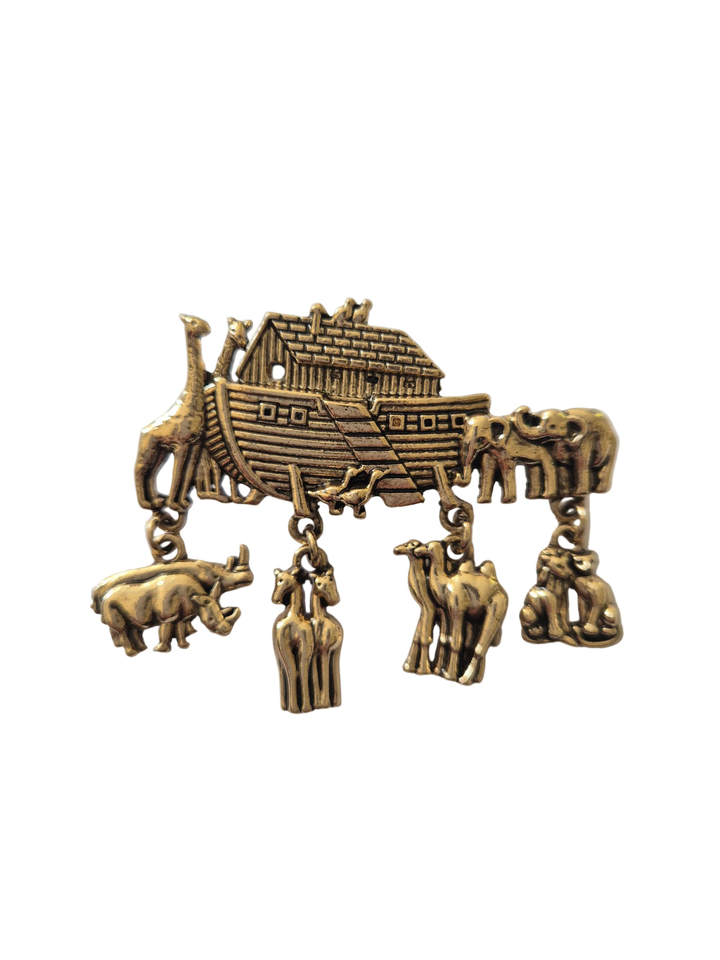 gold charm brooch with Noah's Ark and animals on a white background