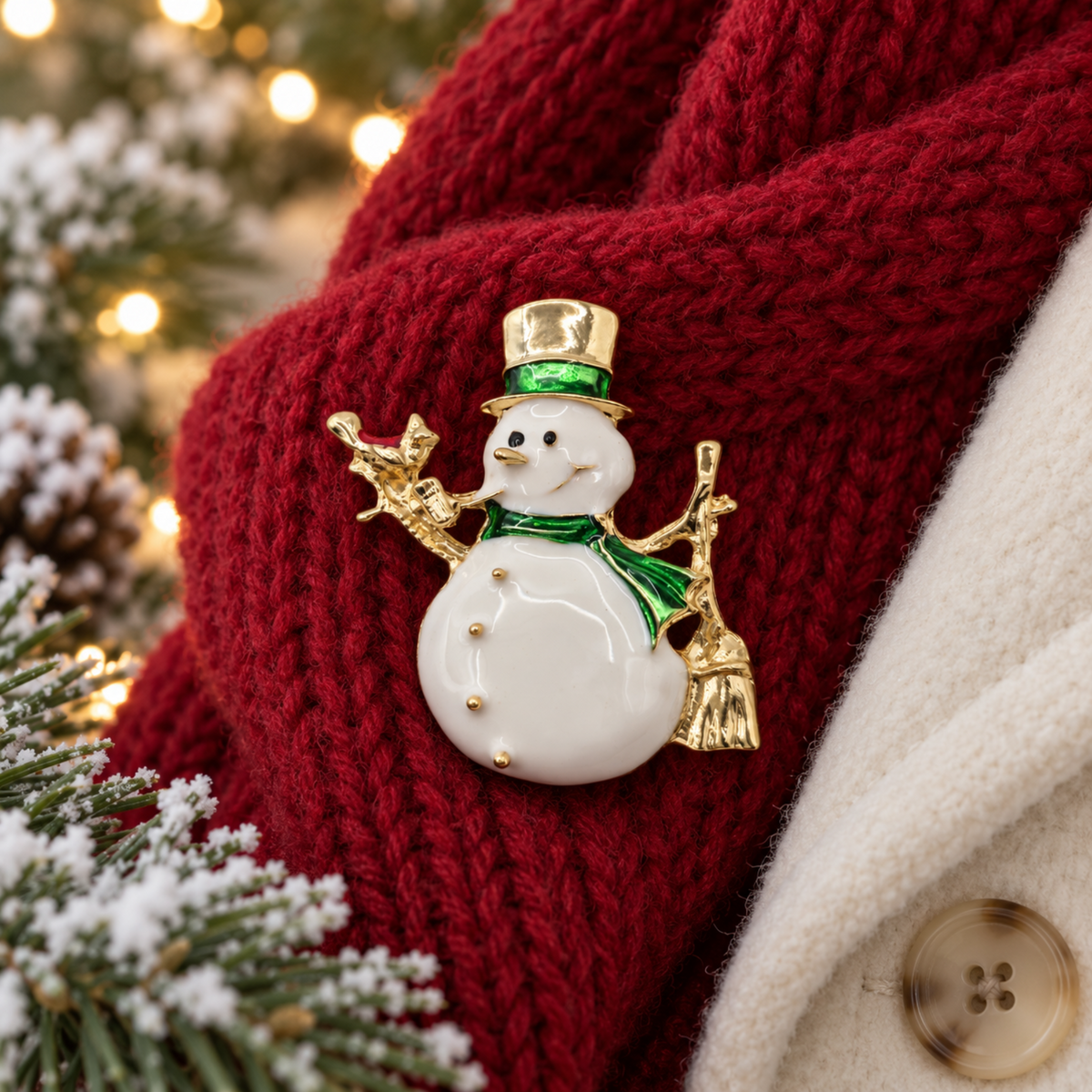 A snowman brooch with a gold top hat and broom, green scarf, and white body, pinned onto a red knit sweater near a white buttoned collar, with blurred Christmas lights and snowy branches in the background.