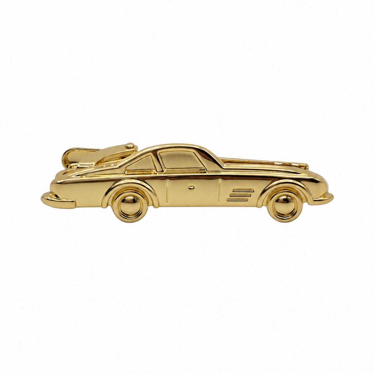 A polished gold car-shaped tie clip featuring a classic sports car design, shown in profile against a solid white background.