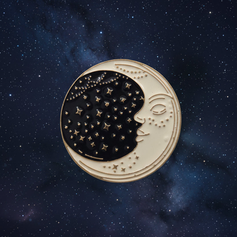 gold moon and stars celestial pin brooch on white background