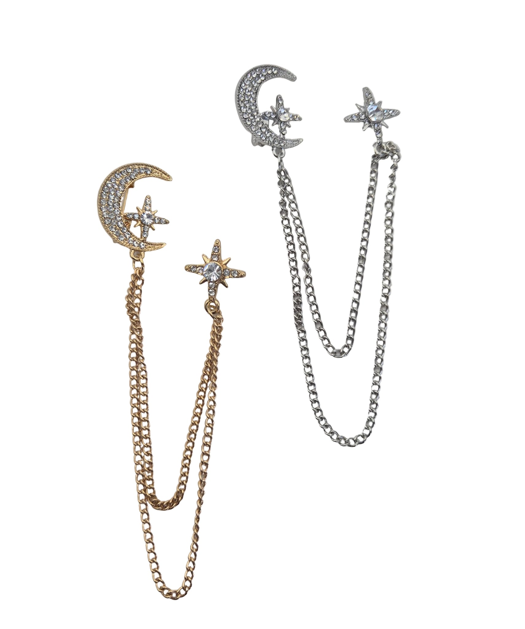 Celestial chain brooches laid flat on a white background. One is gold-toned with a crescent moon and star details set with clear rhinestones, and the other is silver-toned with matching moon and star designs.