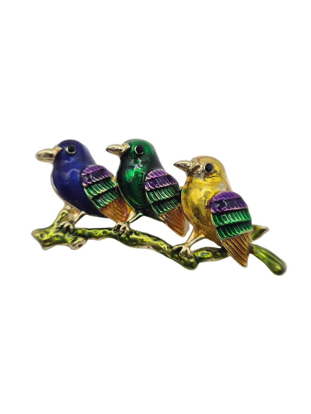 3 Birds on Branch Brooch - colourful bird brooch on grey background