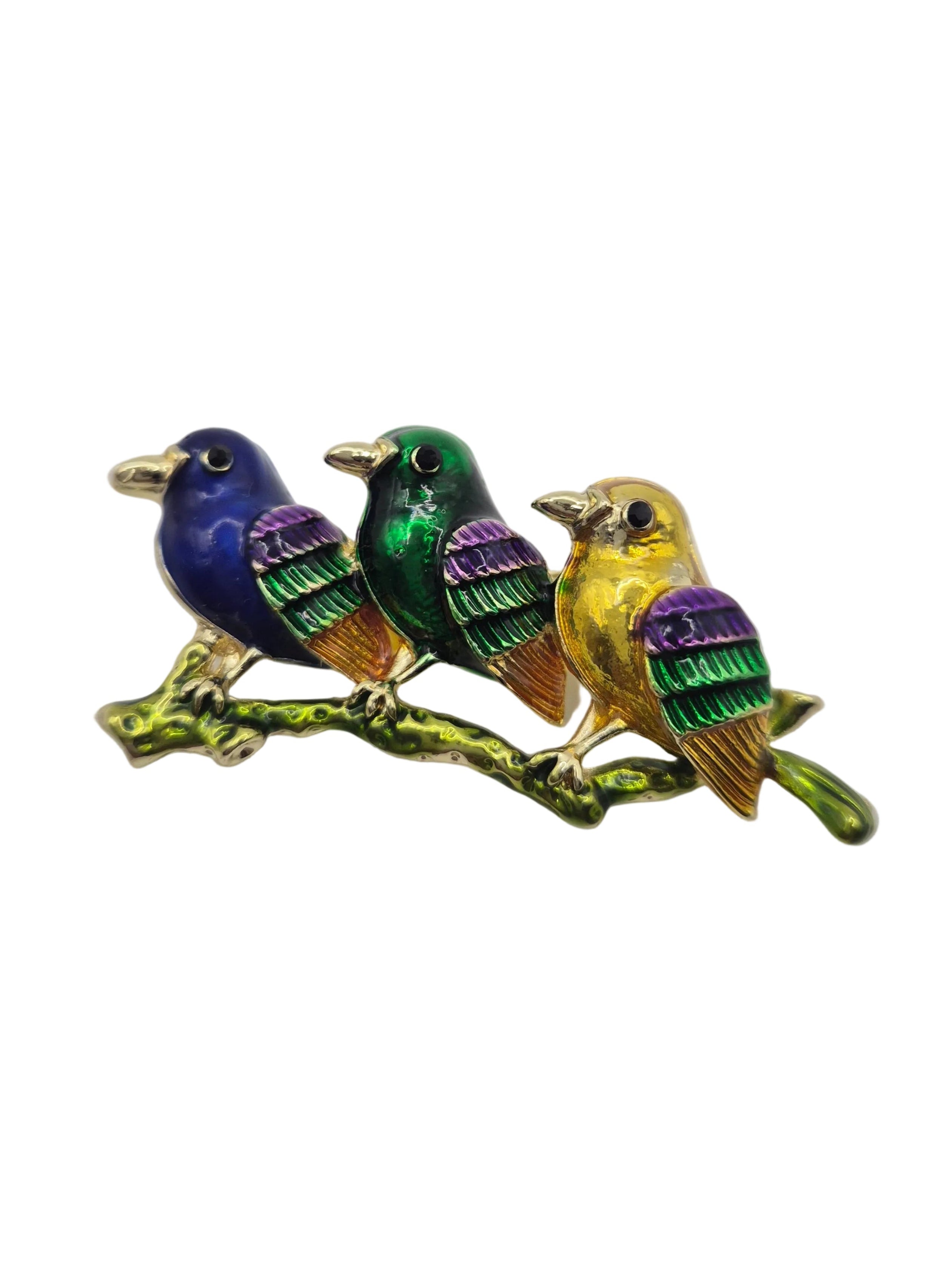 3 Birds on Branch Brooch - colourful bird brooch on grey background