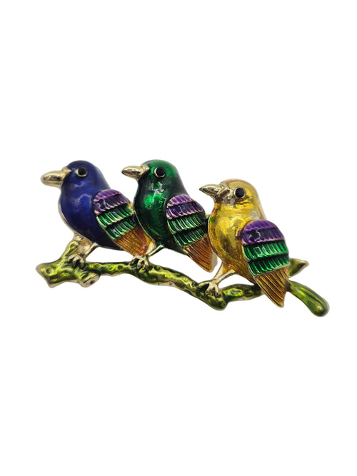 3 Birds on Branch Brooch - colourful bird brooch on grey background