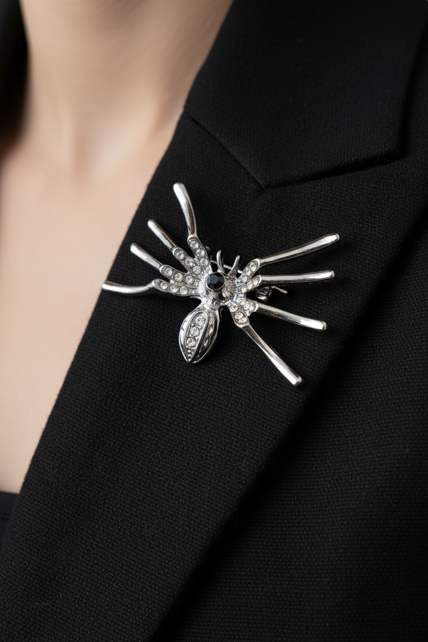 A silver spider-shaped brooch embellished with clear rhinestones, pinned to a black blazer.