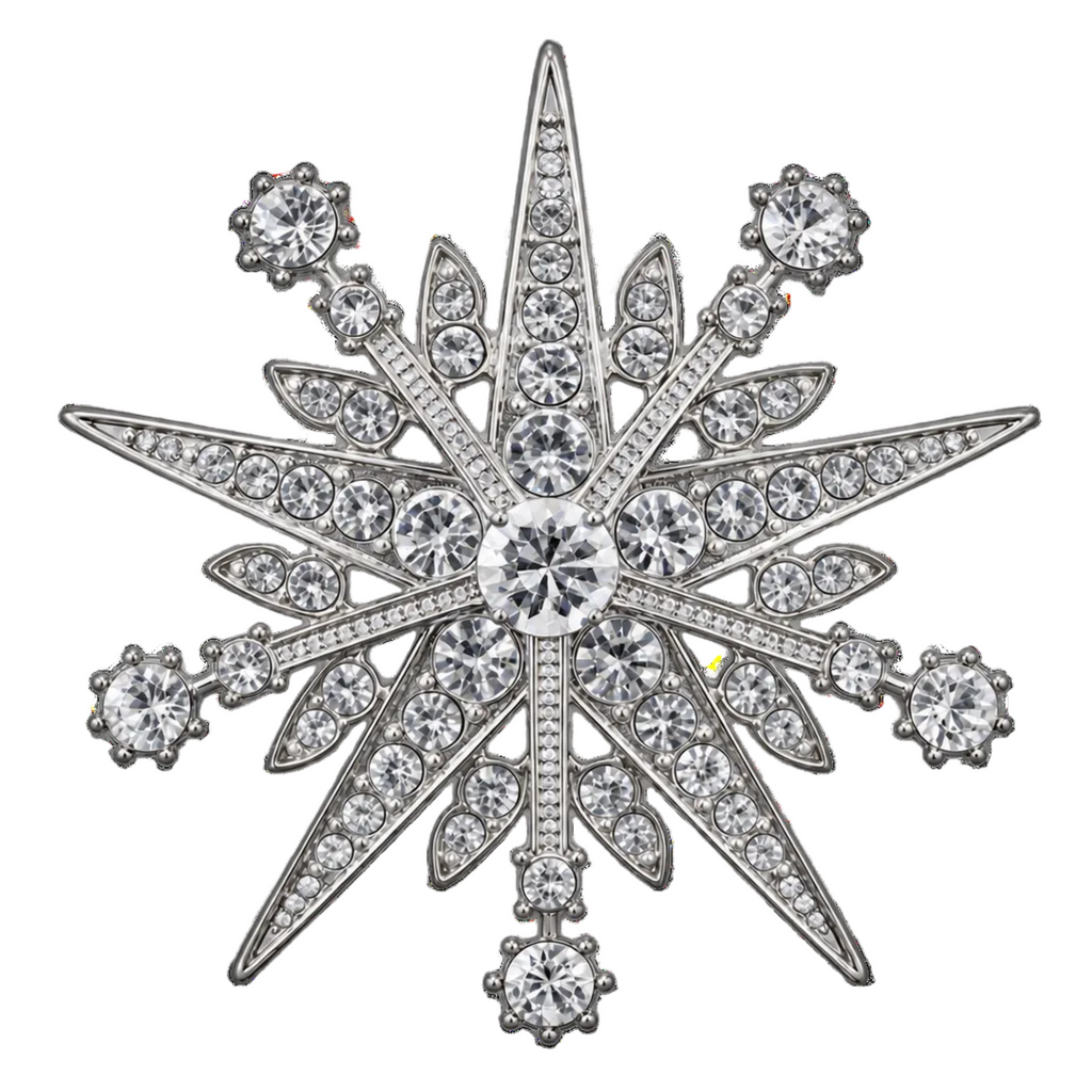 A silver-tone snowflake star shaped brooch or pin embellished with clear round crystals, shown on a plain white background.