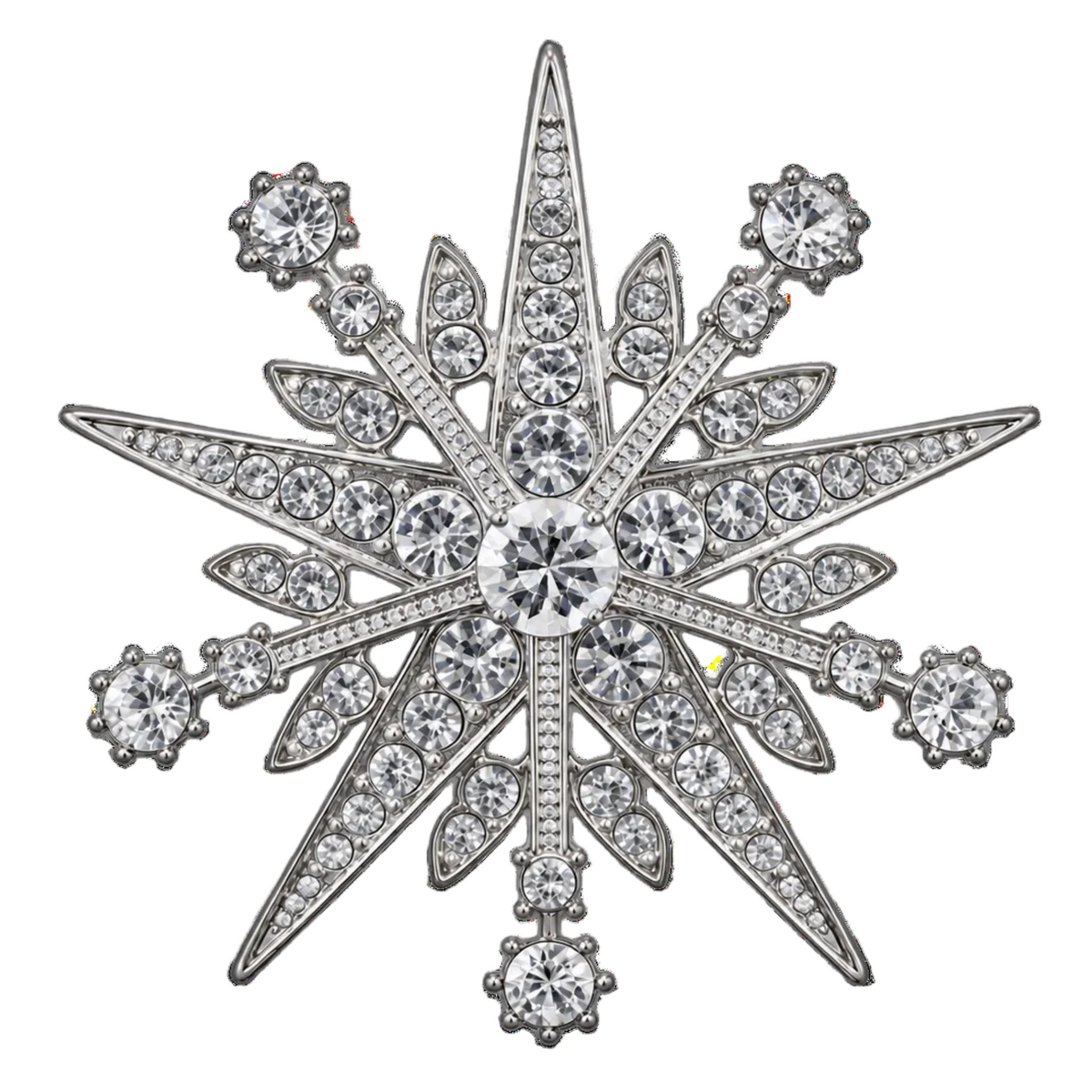 A silver-tone snowflake star shaped brooch or pin embellished with clear round crystals, shown on a plain white background.
