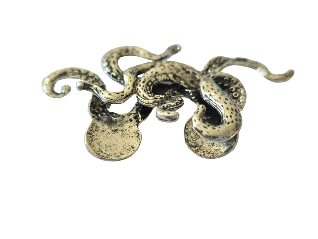 Silver octopus-shaped brooch on a light gray background