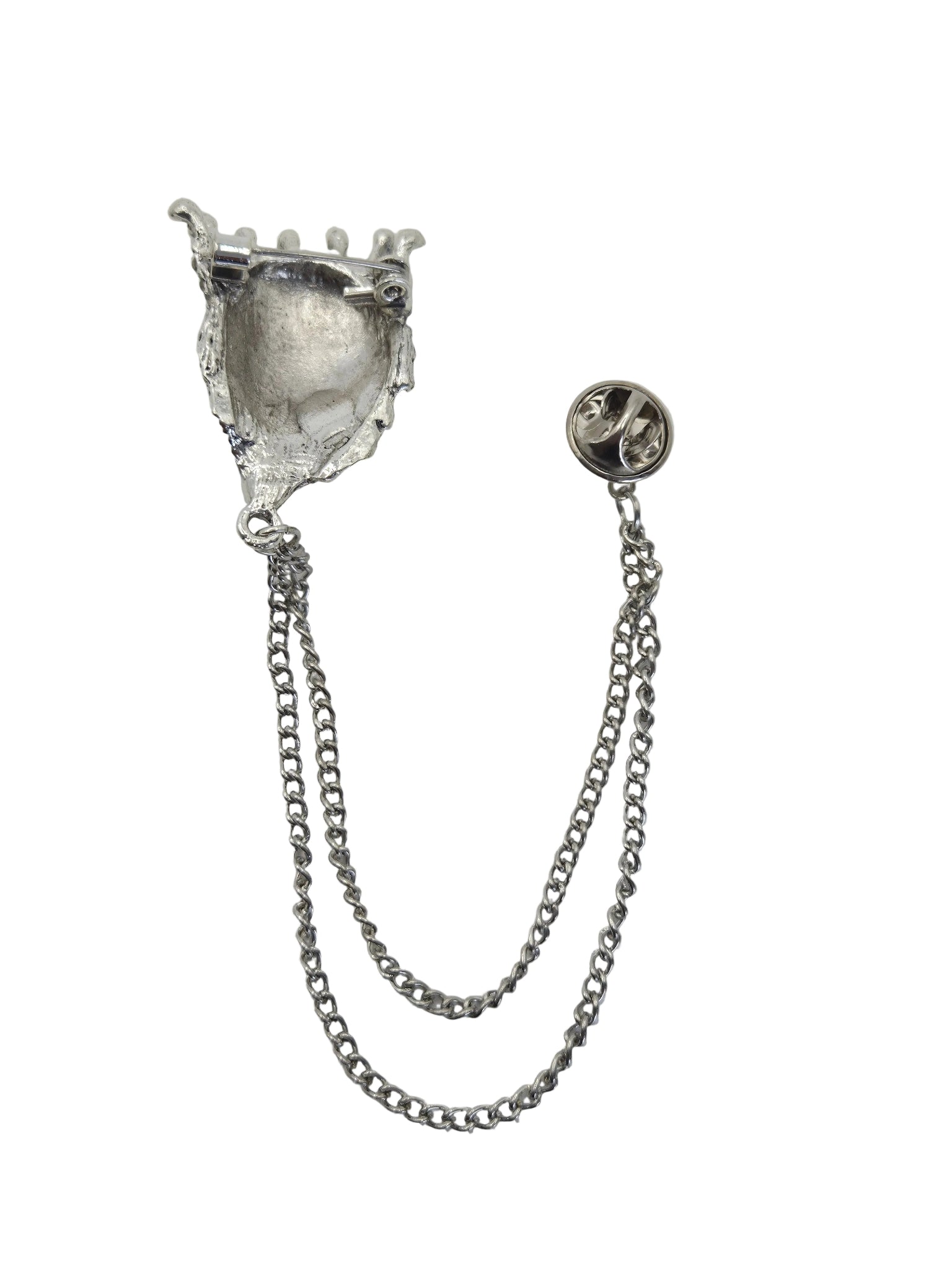 A silver-toned metal lion brooch connected by a short chain to a small round stud, photographed on a white background.