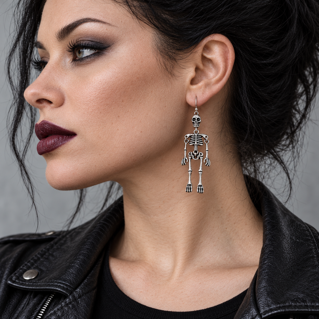 Woman in side profile wearing a silver-tone skeleton drop earring, with swept-back black hair, smoky eye makeup, dark lipstick and a black leather jacket.