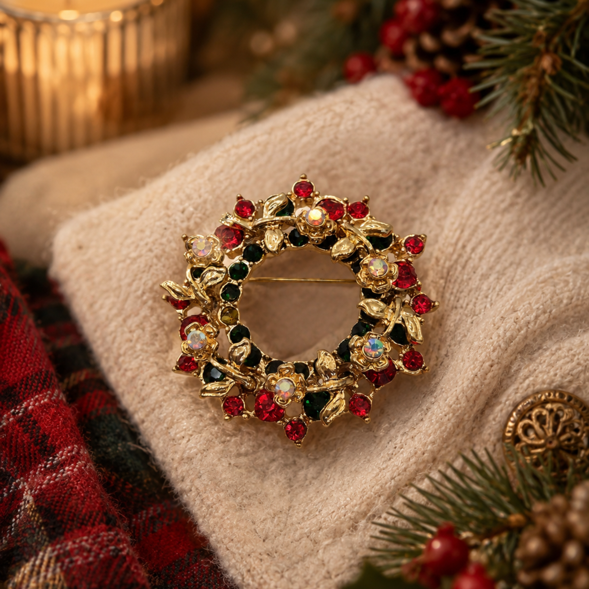 Christmas wreath brooch with red, green and iridescent crystals displayed on a soft cream knit, surrounded by festive holly, pine sprigs, berries and warm candlelight, creating a cosy Christmas lifestyle image for Shopify.