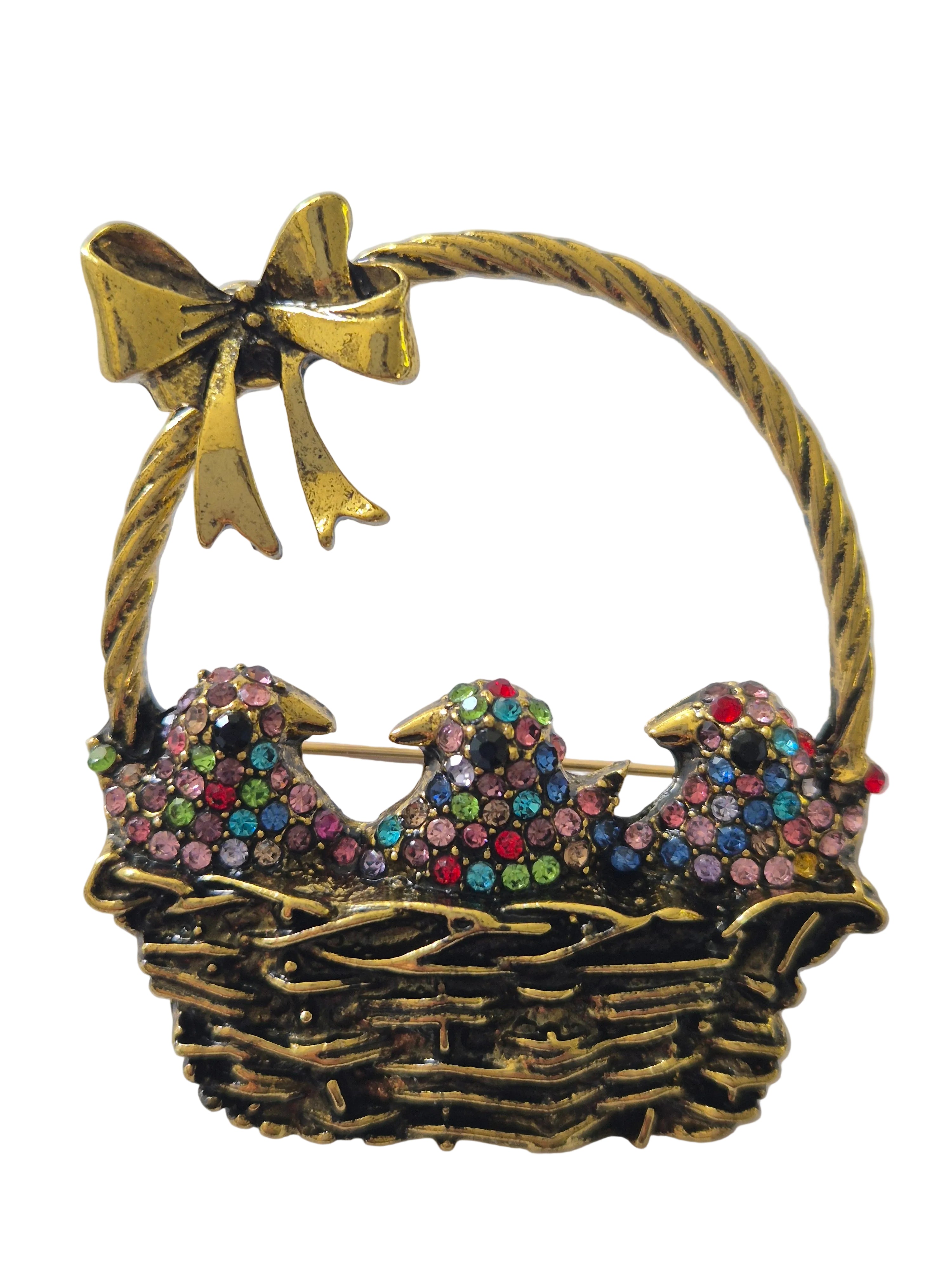Decorative birds in basket brooch