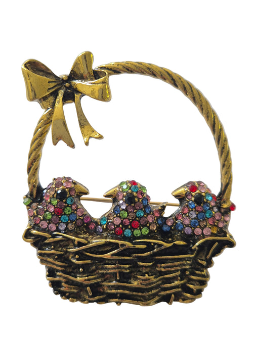 Decorative birds in basket brooch