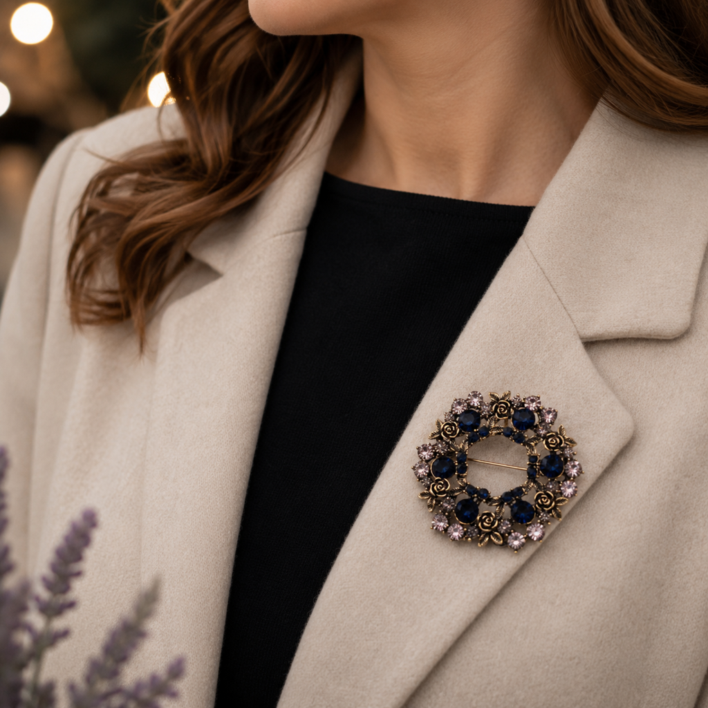 A close-up lifestyle shot of a woman wearing a cream-colored coat over a black top, featuring an ornate circular brooch with dark blue and light purple crystals on the lapel.