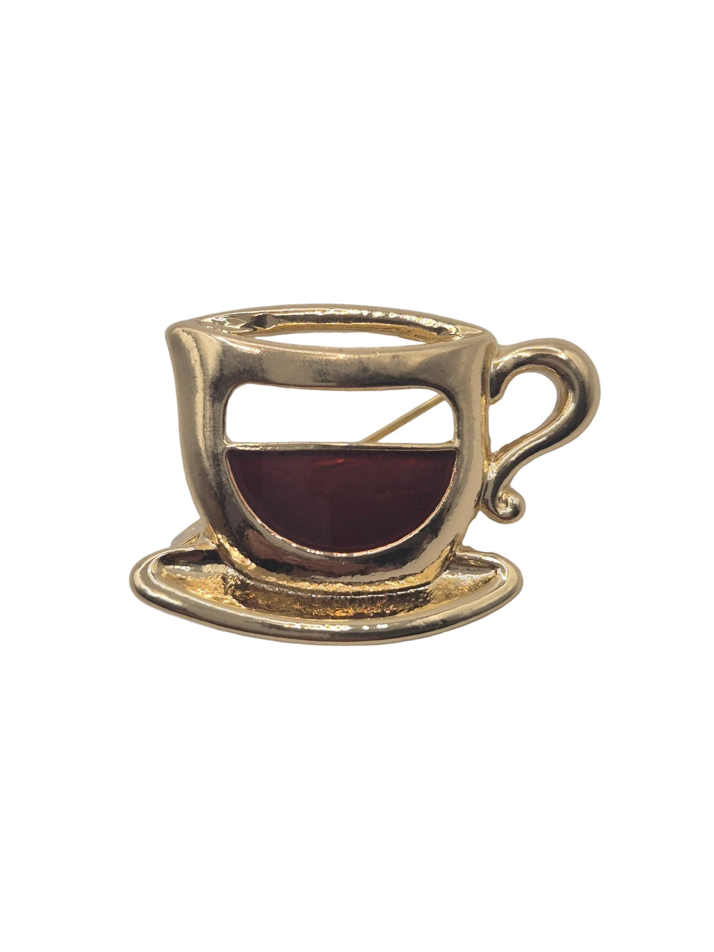 Gold metal coffee cup brooch on white brooch