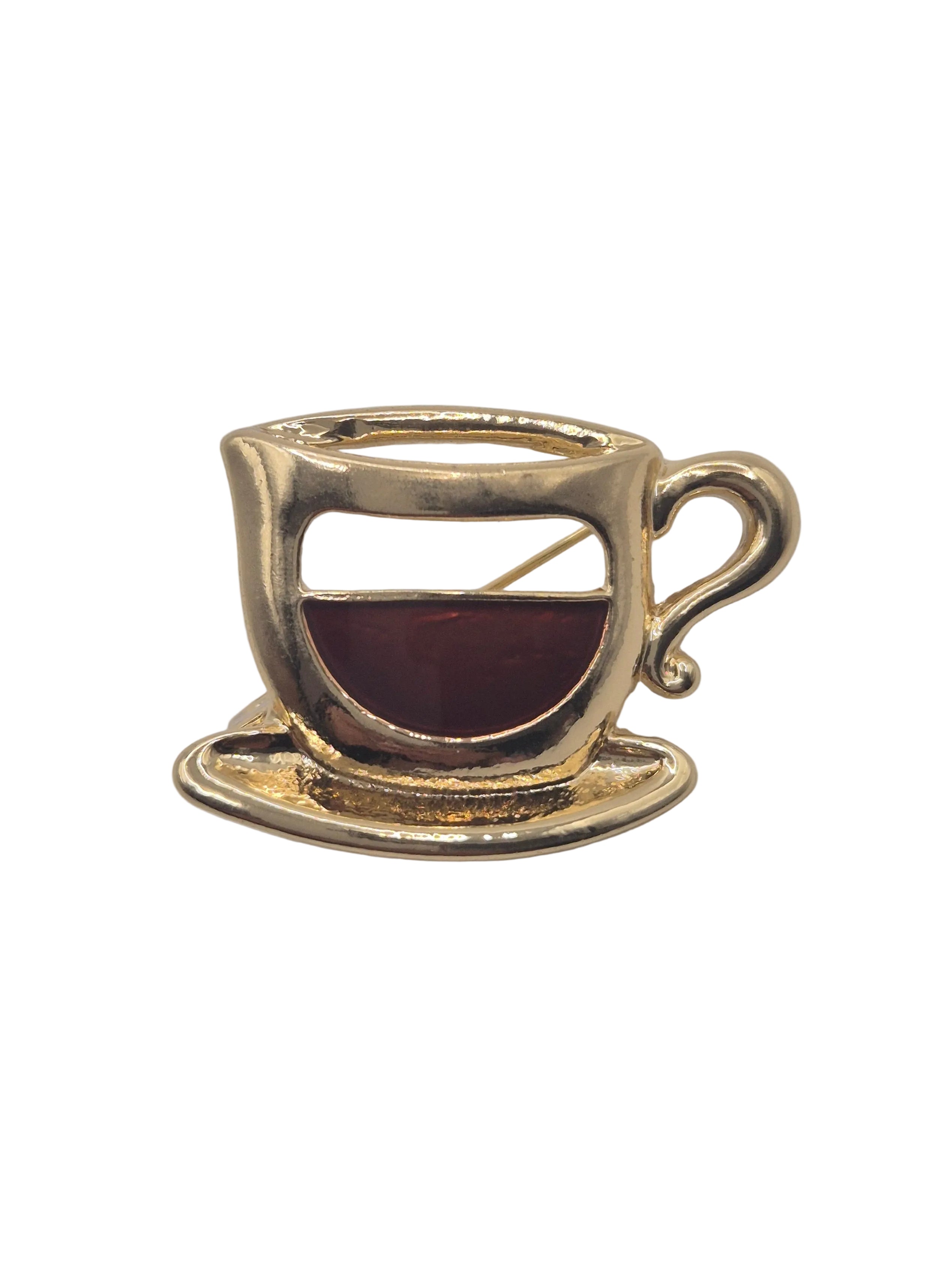 Gold metal coffee cup brooch on white brooch