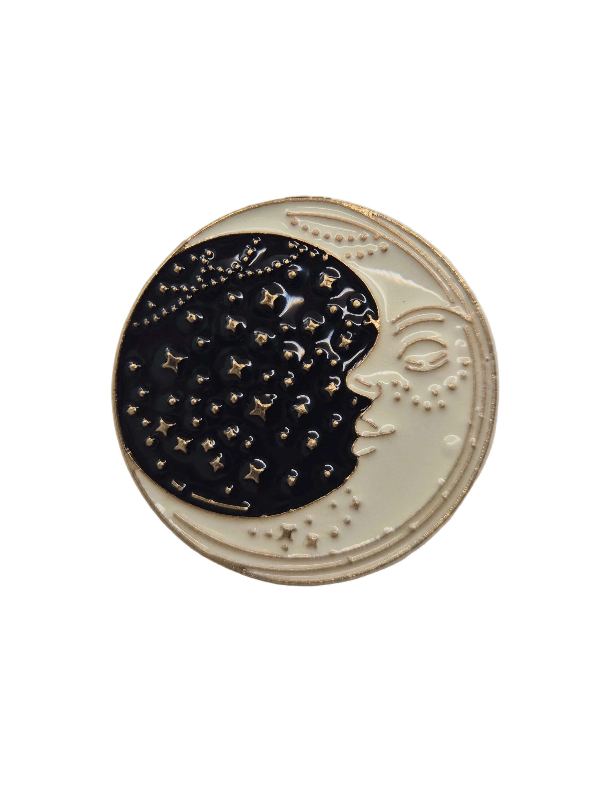 gold moon and stars celestial pin brooch on white background